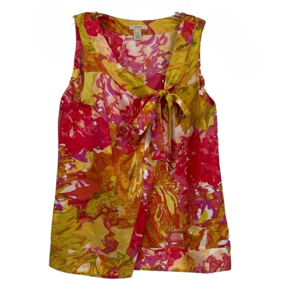 J Crew Women Watercolor Floral Silk Tie Top Blouse Size 2 Yellow Pink Sleeveless